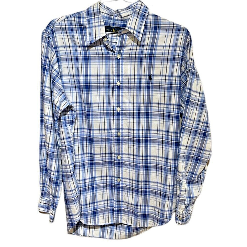 Ralph Lauren Shirt Mens Large Blue Plaid 100% Cotton Long Sleeve Oxford
